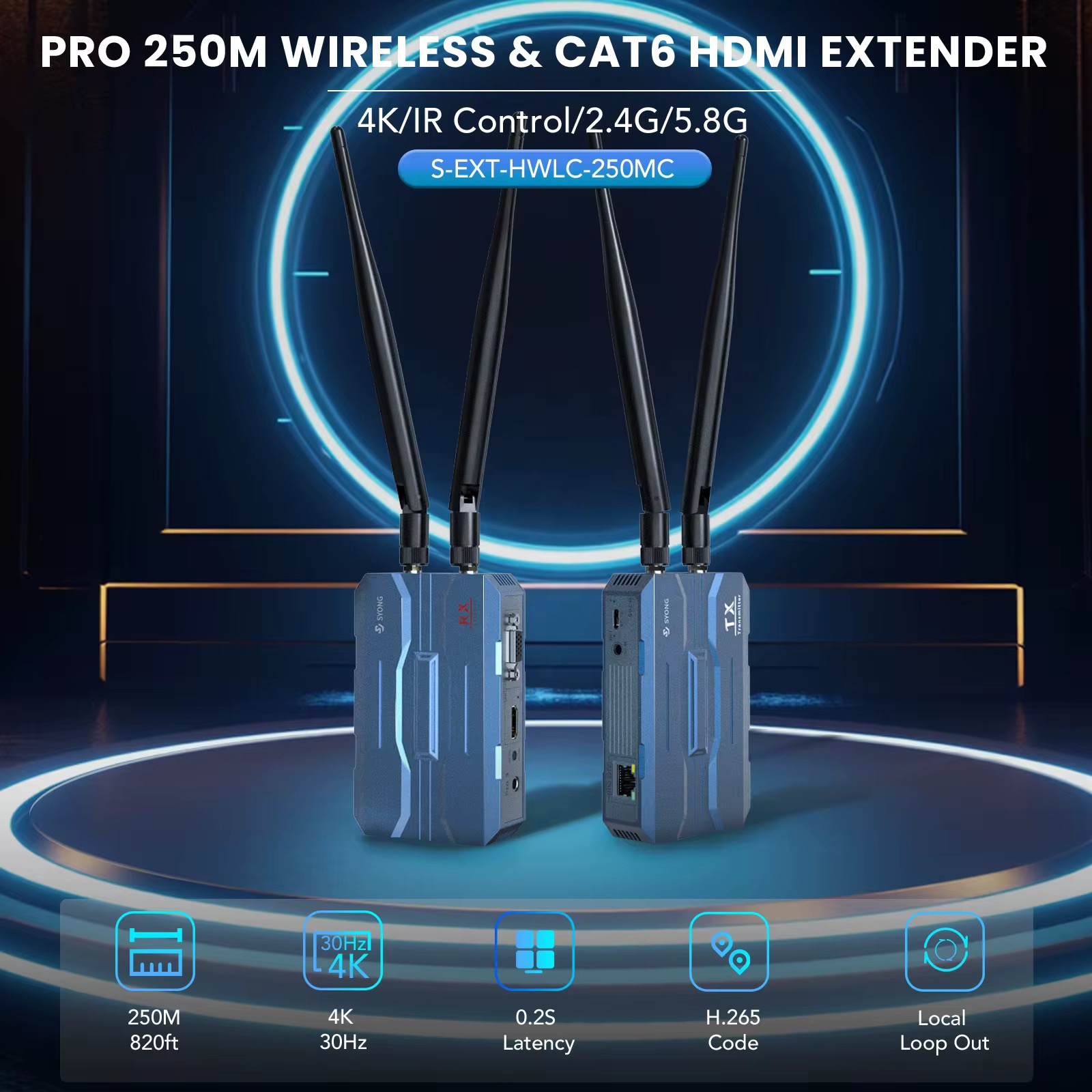 موسع HDMI لاسلكي وCAT6 حتى 250 متر 4K@30Hz مع IR وVGA – S-EXT-HWLC-250