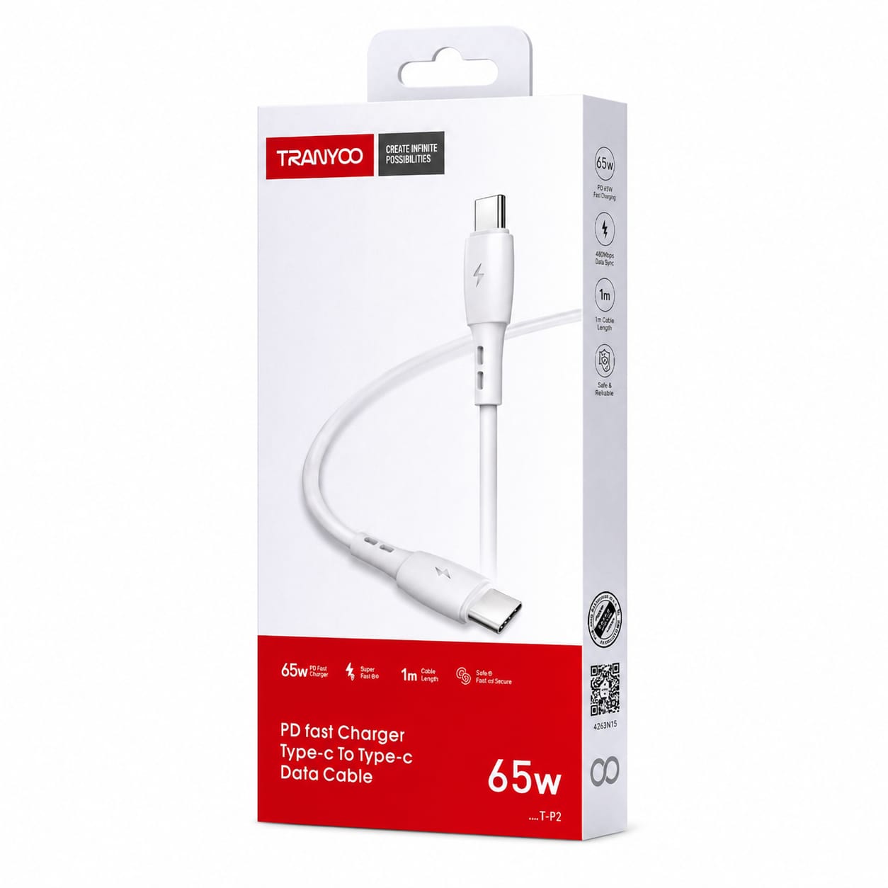 كابل شحن Tranyoo Type-C إلى Type-C 65W T-P2
