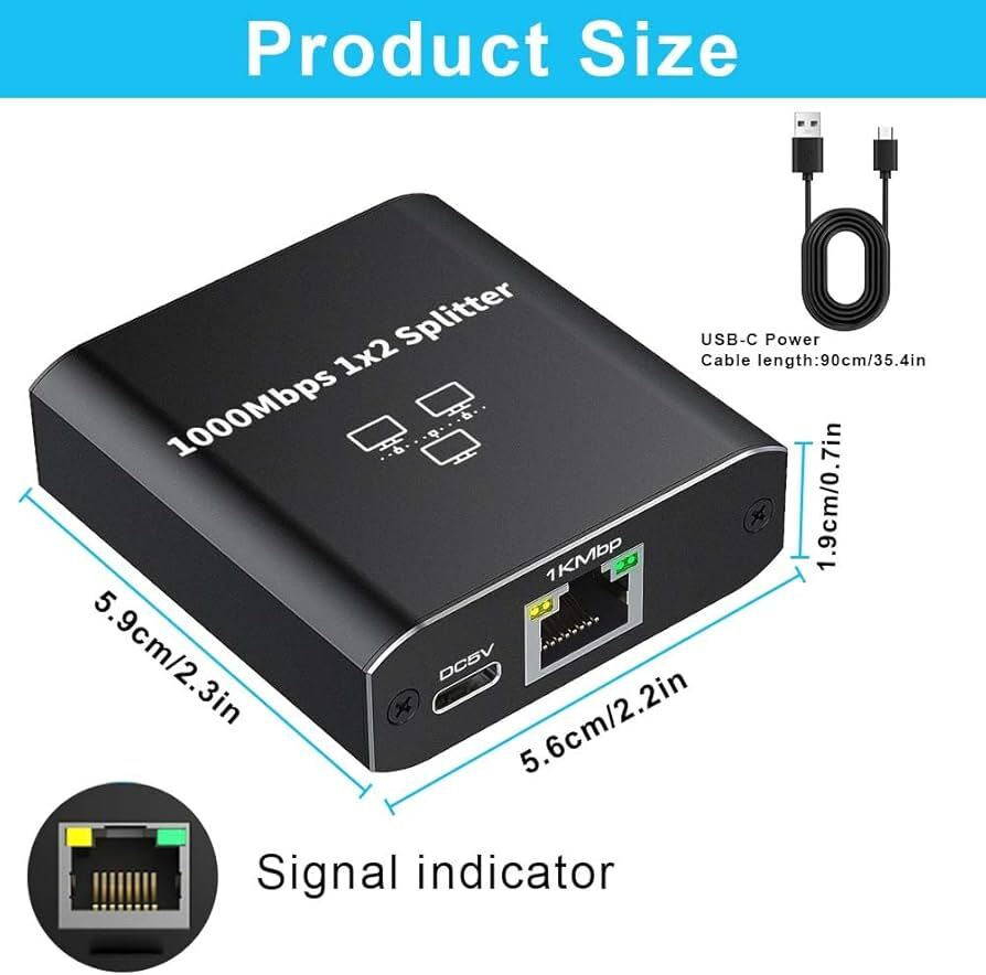 موزع شبكة جيجابت 1000Mbps (1 إلى 2) مع منفذ طاقة USB-