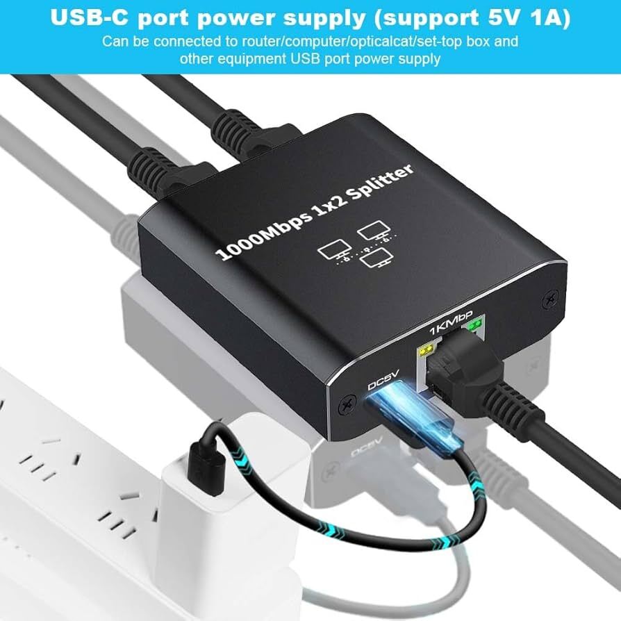موزع شبكة جيجابت 1000Mbps (1 إلى 2) مع منفذ طاقة USB-