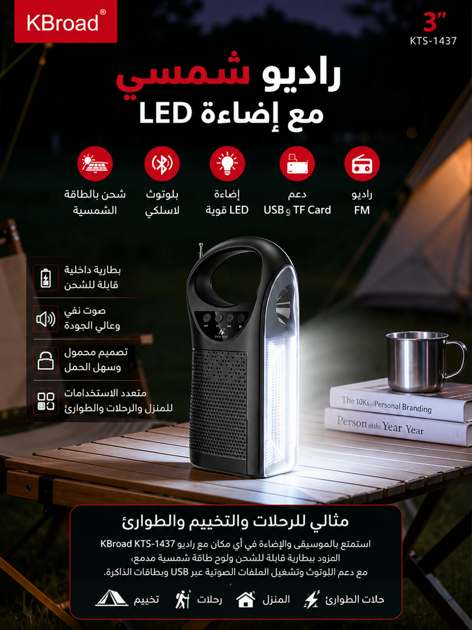 KBroad KTS-1437 راديو شمسي مع بلوتوث وكشاف LED