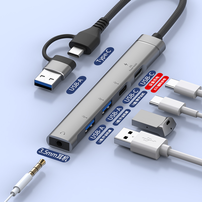 موزع USB-C ‏5 في 1 مع منفذ سماعة 3.5 مم وشحن PD