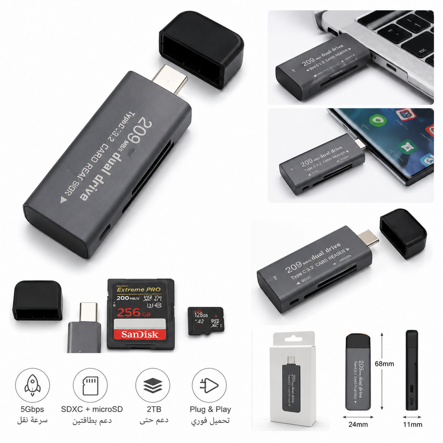 قارئ بطاقات ذاكرة Type-C USB 3.2 ثنائي المنافذ (SD / MicroSD)