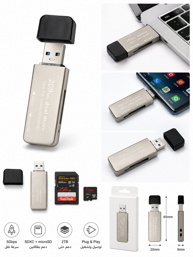 قارئ بطاقات ذاكرة USB 3.2 ثنائي المنافذ (SD / MicroSD)